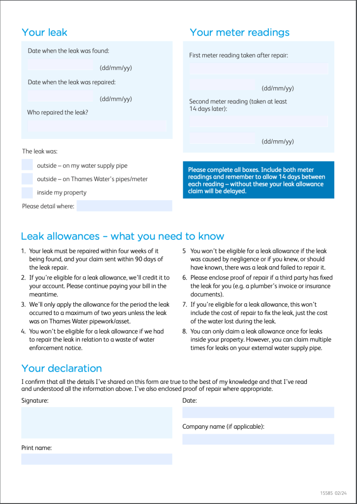 Thames Water Leak Allowance Form (page 2)