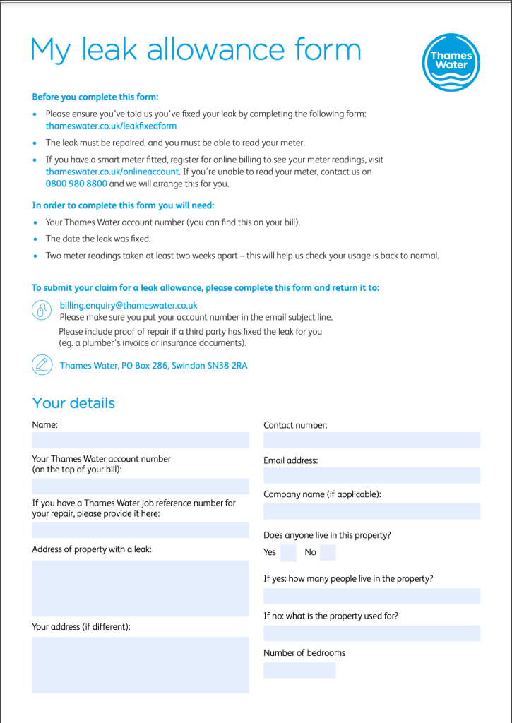 Thames Water Leak Allowance Form (page 1)